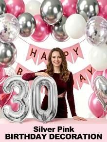 30th Birthday Pink And Silver Birthday Decorations, Pink White Silver Confetti Balloons Happy Birthday Balloon Banner Bobo Balloons Heart Foil Balloons For Birthday Party Decoration Room Decor Wedding Valentines - 30歲生日 - 查看 1