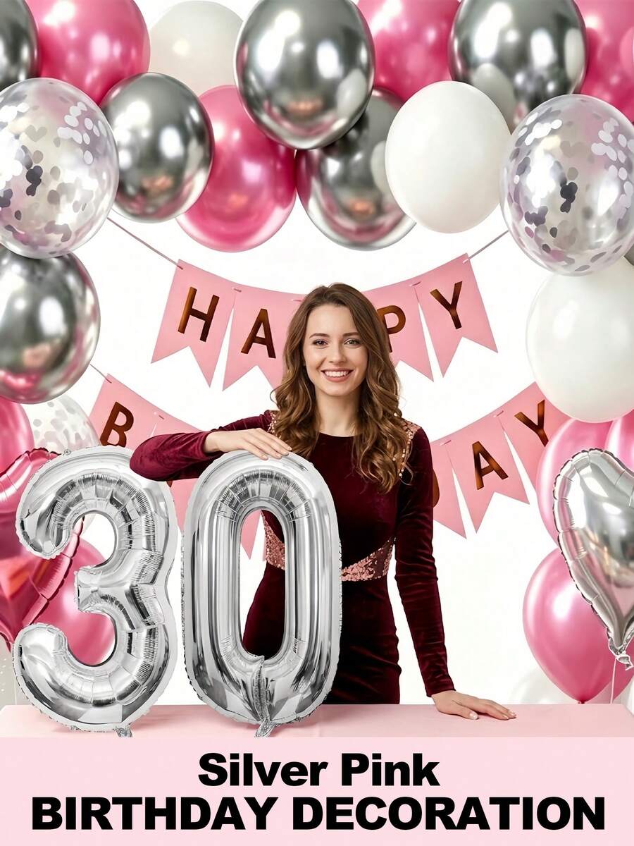 30th Birthday Pink And Silver Birthday Decorations, Pink White Silver Confetti Balloons Happy Birthday Balloon Banner Bobo Balloons Heart Foil Balloons For Birthday Party Decoration Room Decor Wedding Valentines - 30歲生日 - 查看 1