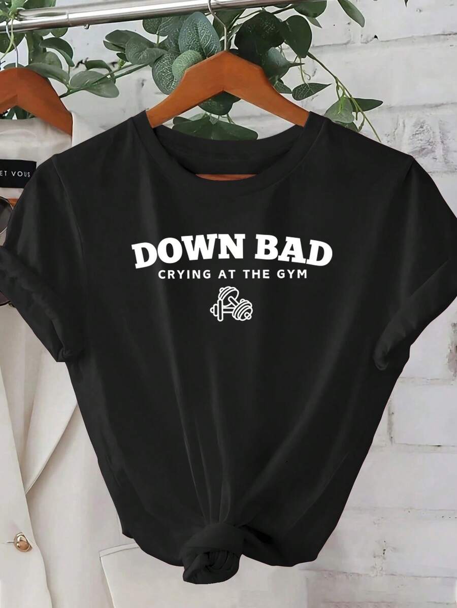 Camiseta de algodón estampada de corte holgado para mujer, cuello redondo, manga corta, casual, para vacaciones, primavera/verano, lavable a máquina. OQD9 - Negro - Ver 1