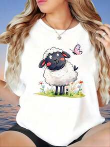 Camiseta de manga corta para mujer, con estampado de ovejas y mariposas, de corte holgado, estilo casual de verano con diseño floral. - Blanco - Ver 2