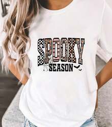 Camiseta de Halloween para Mujer con Lazo, Estampado Gráfico de Murciélagos, Calabazas y Fantasmas, Camisetas para de Halloween - Estilo Urbano Vintage, Unisex, de Algodón, Manga Corta, Cuello Redondo, Corte Holgado - Blanco - Ver 6