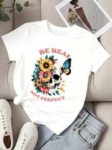 ropa de mujer Camiseta con estampado floral de calaveras Blanca Camiseta gráfica con la frase "Be Real Not Perfect" para uso casual y atuendos diarios camisas de mujer - Blanco - Ver 3