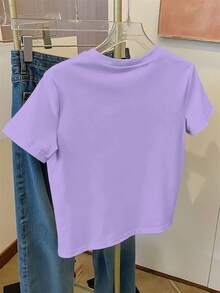 Talla Grande - Talla Grande - Blusa Casual de Manga Corta con Cuello Redondo y Estampado de Flores en Blanco y Negro para Mujer de Talla Grande - Morado - Ver 2