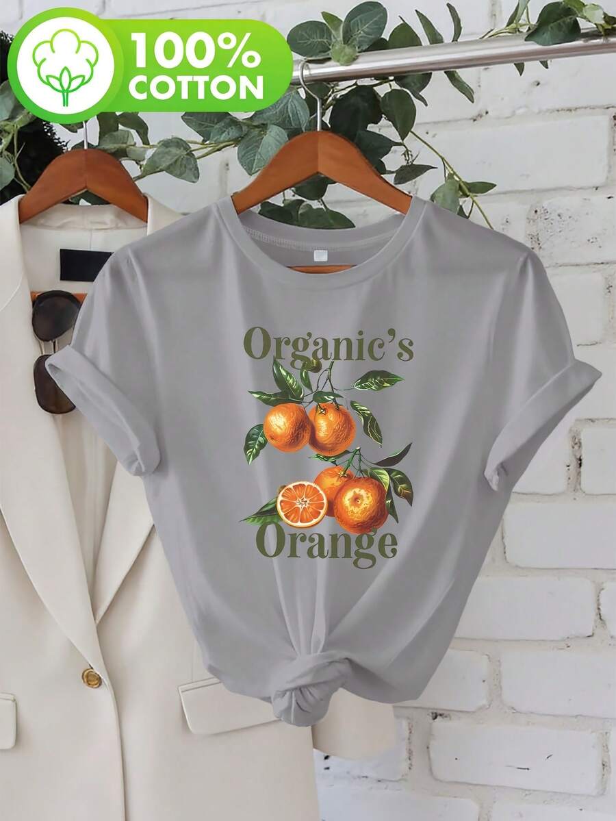 Talla Grande, Camiseta Casual de Manga Corta con Cuello Redondo y Estampado de Frutas Naranjas con Hojas para Mujer de Talla Grande - Gris - Ver 1