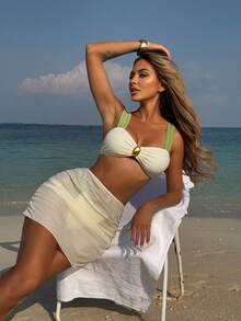 Nuevo traje de baño de dos piezas con bloques de color y conjunto de bikini de tres piezas con malla. - lechoso - Ver 8
