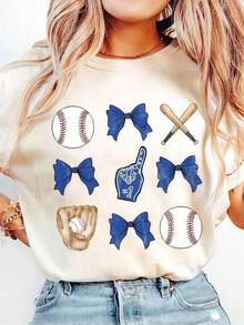 1 pieza de ropa para mujer, camiseta color crema con estampado de béisbol, camisetas, top blanco, camisetas gráficas para mujer, camiseta unisex casual de cuello redondo, tejido de punto ligero de 220 g/m², lavable a máquina, para primavera/verano/otoño, Halloween, Navidad, Día de San Valentín, transpirable y cómoda. - Blanco - Ver 12