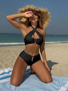 Nuevo bikini de dos piezas sin tirantes, de cintura alta, sexy, con estampado de serpiente y color sólido. - Blanco - Ver 7