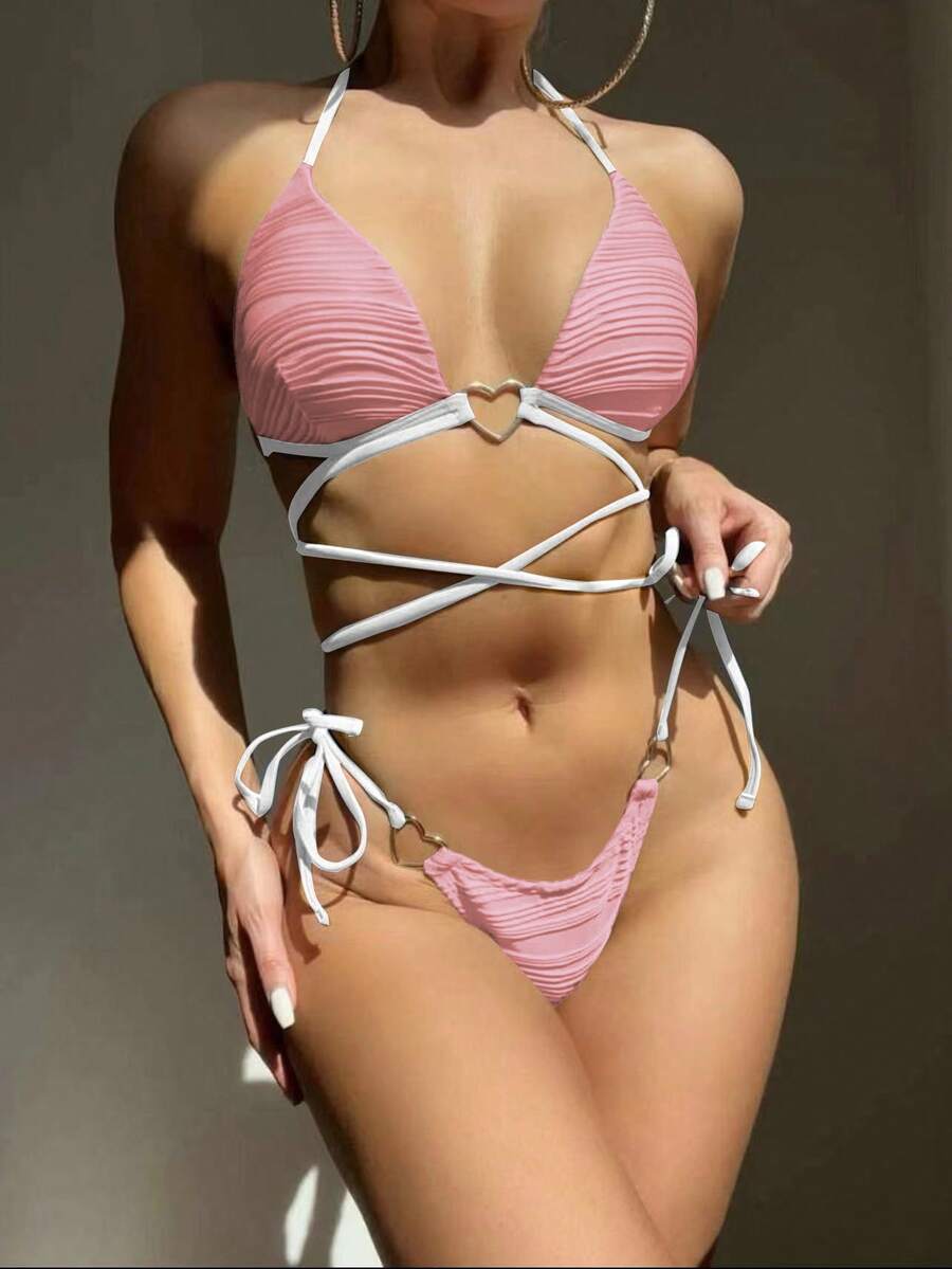 Traje de baño bikini sexy con copas rígidas y tiras ajustables en forma de corazón - rosa - Ver 1