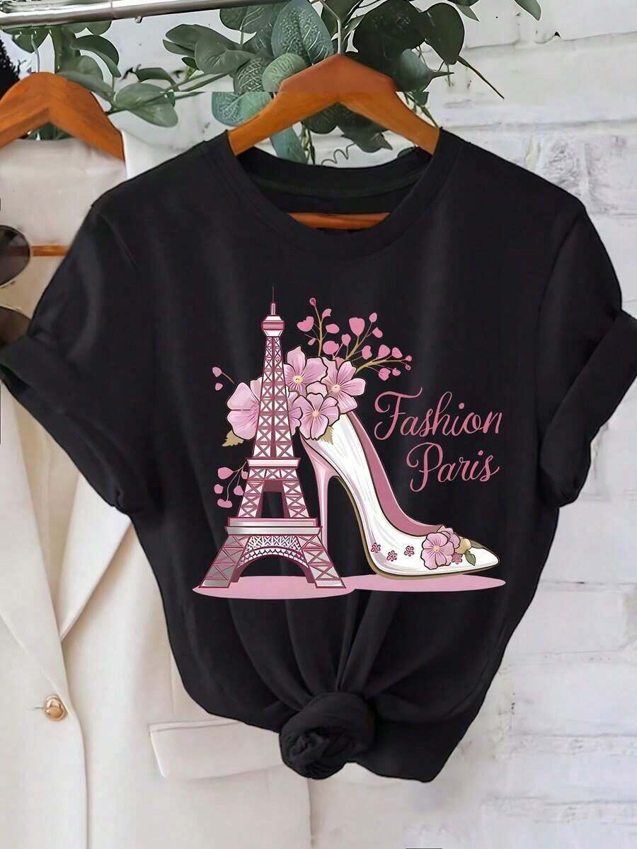 Camisetas Básicas de Tallas Grandes para Mujer - Camisetas Casuales de Manga Corta, Prendas Esenciales Ligeras para el Guardarropa de Verano, Camiseta de Manga Corta con Estampado Floral de la Torre Eiffel Estilo Parisino para Mujer - Top Cómodo de Cuello Redondo y Corte Holgado, Moderno y para Viajes y Vacaciones Casuales de Verano y Primavera, Tela Cómoda, Estampado Digital Vibrante, Transpirable y Confortable. - Negro - Ver 1