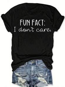 Camiseta Estampada para Mujer DATO DIVERTIDO: No Me Importa - Camiseta Casual Negra de Manga Corta y Cuello Redondo, Corte Relajado para Todas las Estaciones, Perfecta para el Uso Diario y Atuendos de Vacaciones, Lavable aáquina. - Negro - Ver 6