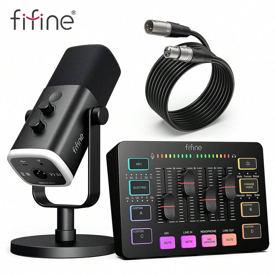 Gaming Equipment Bundle, Dynamic XLR/USB Gaming Microphone Set With Streaming Audio Mixer For Podcast Recording Video Vocal, RGB Gamer Set With Volume Fader/XLR Interface For PC-FIFINE KS5 (AM8+SC3)