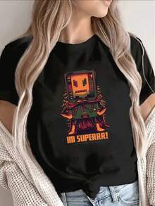 Camiseta de manga corta de poliéster para mujer, con un llamativo estampado de robot y la frase "I'M SUPERB", fondo negro, diseño vibrante, adecuada para uso casual diario. - Negro - Ver 7