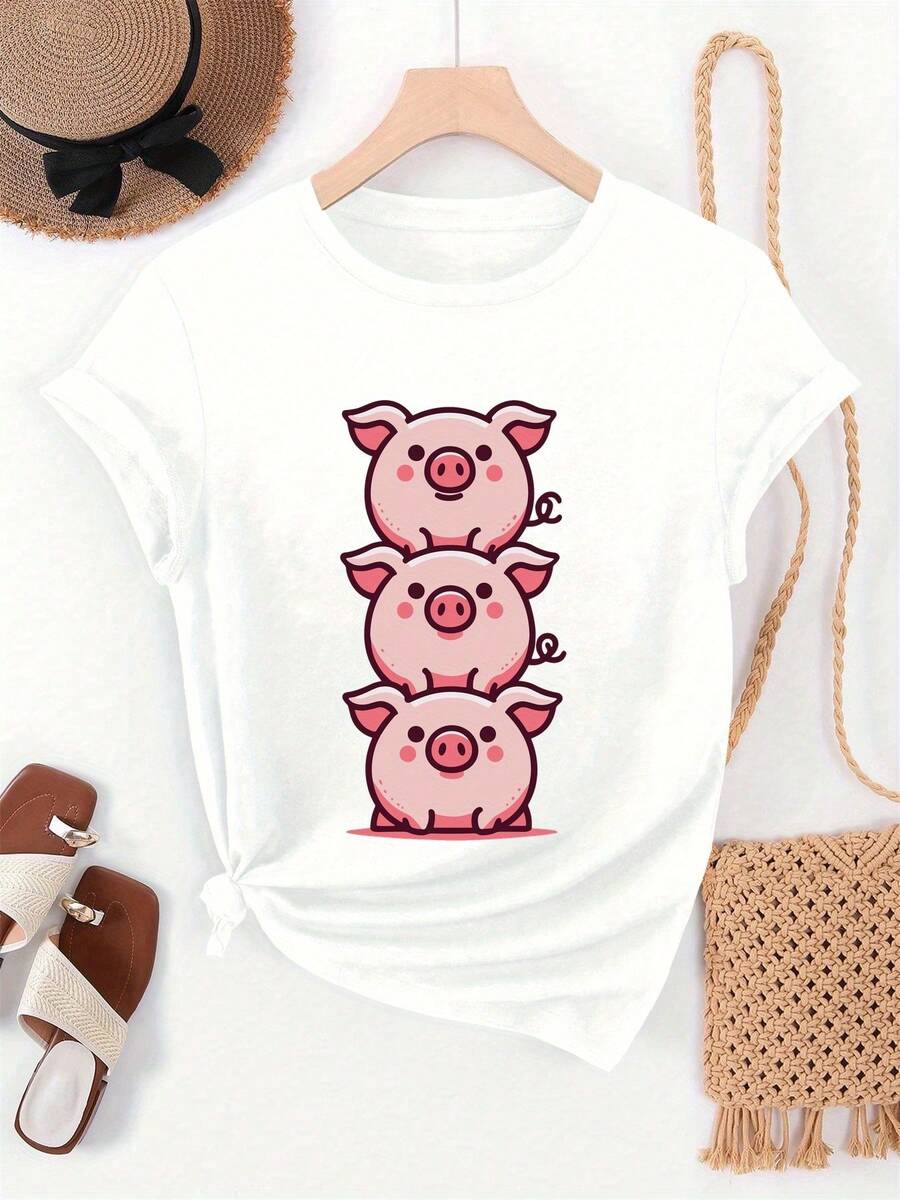 Minimalist. 1 Pack. 100% Cotton. Casual Women's Summer T-Shirt With Short Sleeves, A Round Neck And A Stacked Pig Motif. - White - View 1