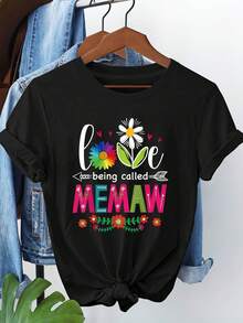 Camiseta de Mujer - Camiseta de Mujer con Estampado Floral y la Frase "Love Being Called Memaw" - Blusa Casual de Manga Corta para Primavera/Verano, Adecuada para Reuniones Familiares, Uso Diario, Regalo para la Abuela - Camisetas para Salir para Mujer - Negro - Ver 1