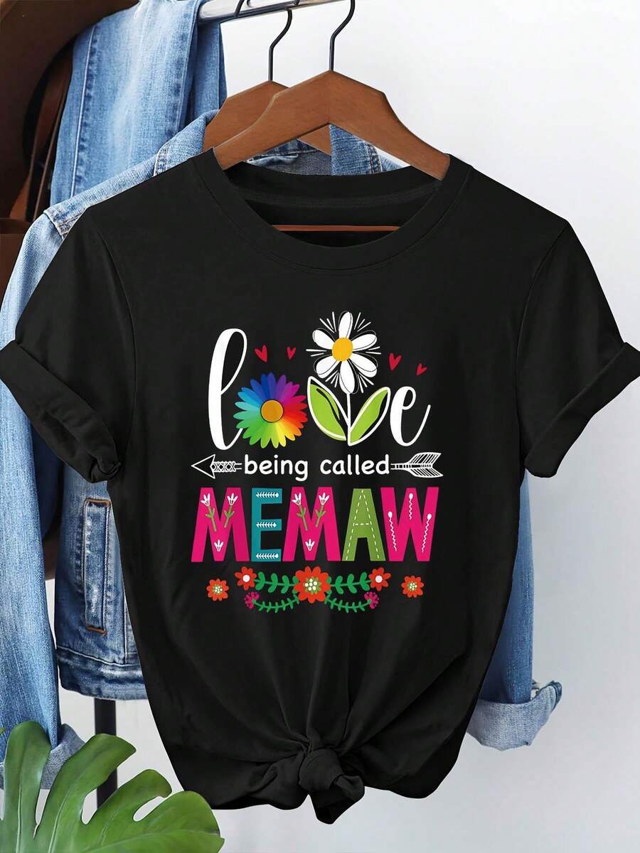 Camiseta de Mujer - Camiseta de Mujer con Estampado Floral y la Frase "Love Being Called Memaw" - Blusa Casual de Manga Corta para Primavera/Verano, Adecuada para Reuniones Familiares, Uso Diario, Regalo para la Abuela - Camisetas para Salir para Mujer - Negro - Ver 1