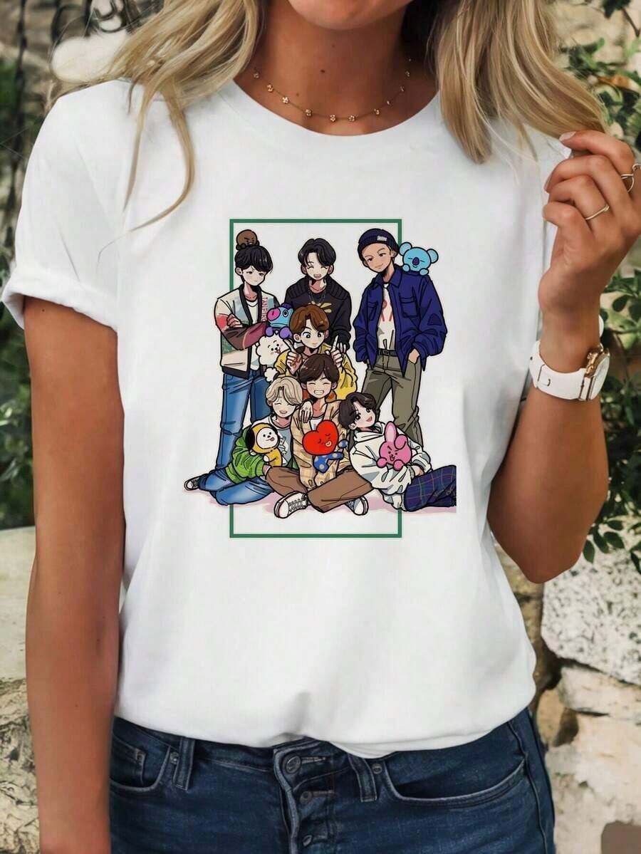 Camiseta de Mujer con Estampado Gráfico de Miembro de Banda K-Pop - Camiseta Casual de Manga Corta y Cuello Redondo en Gris Claro con Ilustraciones Coloridas de Personajes, Lavable a Máquina, Mercancía para Fans, Camisetas para Mujer, Atuendo Diario, Ilustración Vibrante, Fácil Cuidado, Adultos. - Blanco - Ver 1