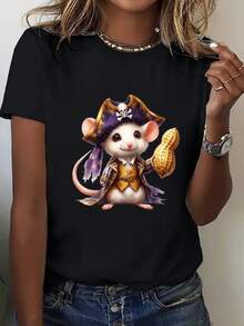 Talla Grande - Camiseta de Mujer con Estampado de Ratón Pirata - Camiseta negra de cuello redondo y corte holgado, ligera y casual para mujer, adecuada para eventos temáticos y uso diario - Divertido atuendo para fiestas de cosplay, moda de verano, diseño vibrante, material suave, top de corte holgado, blusas negras de algodón para mujer adulta. - Negro - Ver 1