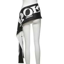 Falda con estampado de letras elegante y original para mujer, con cintas irregulares y bloques de color, estilo hip-hop, mini, sexy, ajustada, estilo urbano. - Negro - Ver 3