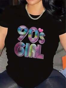 Camiseta de Mujer con Estampado Retro de los 90s en Colores Neón y Arcoíris - Top Vintage de los 90s con Números y Letras del 90, Ligera de Poliéster, Ideal para Fiestas Casuales, Eventos Temáticos de los 90s, Ropa Informal (Lavable a Máquina) - Negro - Ver 1