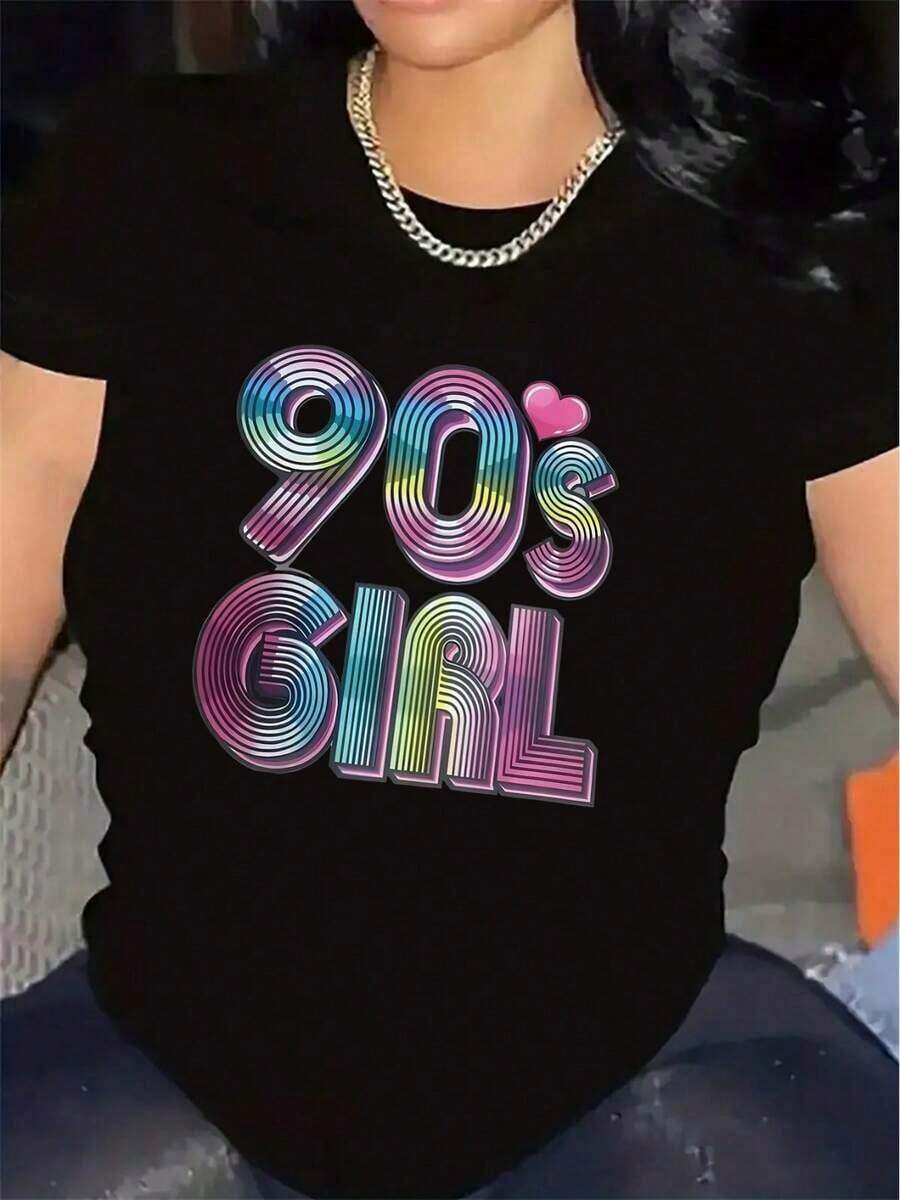 Camiseta de Mujer con Estampado Retro de los 90s en Colores Neón y Arcoíris - Top Vintage de los 90s con Números y Letras del 90, Ligera de Poliéster, Ideal para Fiestas Casuales, Eventos Temáticos de los 90s, Ropa Informal (Lavable a Máquina) - Negro - Ver 1