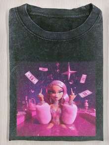 Image Of A Woman With Pink Hair And A US Dollar Bill, 230g Printed T-Shirt, Washed, Made Of High-Quality Batik Cotton, Retro Style, New Fashion Brand, Round Neck, Loose Fit, Plus Size, Casual, Unisex, Perfect Gift For The Holidays. - 黑色 - 查看 6