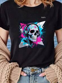Oferta por tiempo limitado, cantidad limitada disponible,  relámpago, camisas de mujer, camisetas de mujer Playera Casual Blanca de Mujer con Diseño de Calavera con Audífonos, Camiseta Manga Corta, Estilo Urbano y Rock , Ropa Comoda para Jovenes y Fiestas - Negro - Ver 12