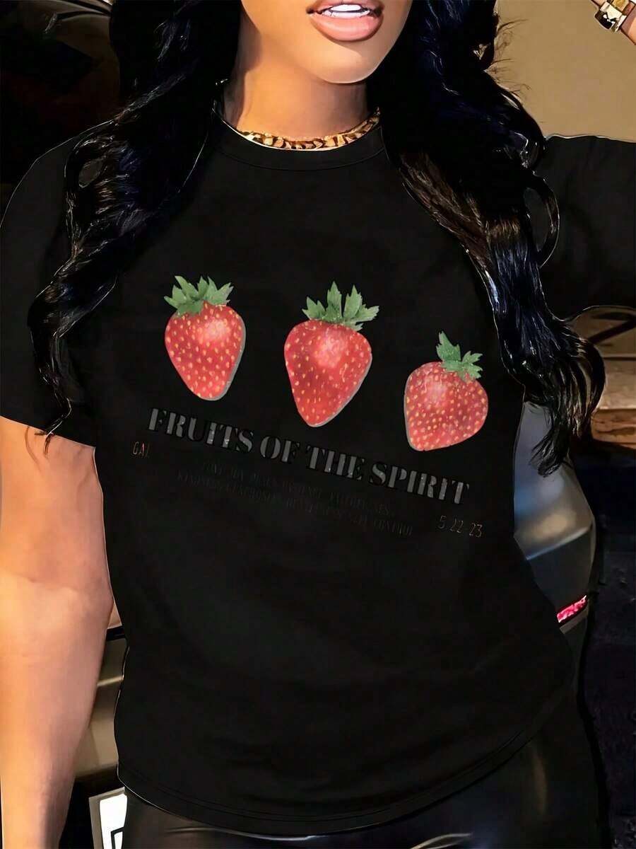 Camiseta Casual de Moda para Mujer, Corte Holgado, Cuello Redondo, Manga Corta, Estampado Gráfico de Fresas "Fruits Of The Spirit", para Uso Diario y Eventos Religiosos, 100% Algodón, Resistente. - Negro - Ver 1