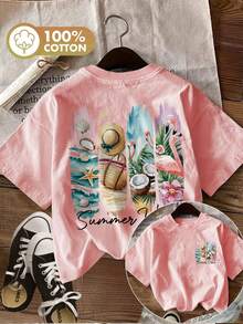 Edición Limitada, Camiseta de Mujer de Primavera/Verano con Estampado de Doble Cara, Estilo Acuarela, Estampado de Conchas Marinas y Flamencos, Estilo Veraniego, Pura, Moda Casual, Corte Regular, Manga Corta, Cuello Redondo, Algodón Ligero - Albaricoque - Ver 10