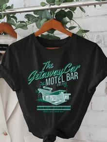 Women's Vintage Design T-Shirt By SimpieAndVersatileDesign - "Escape Car" Design, Casual Short-Sleeved Crew Neck Top With Vibrant Green And Blue Illustrations, Perfect For Spring And Summer, Everyday Wear. | Crew Neck Top | Casual Summer Cotton T-Shirt - 黑色 - 查看 6
