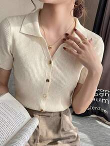 de punto con cuello polo y mangas raglán cortas para mujer, ligera y versátil, ideal para primavera/verano - Albaricoque - Ver 10