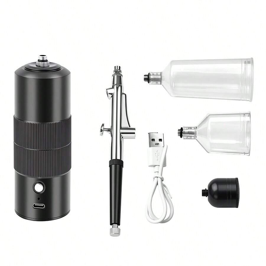 USB Rechargeable Portable Airbrush Kit With Compressor, Wireless Handheld Spray Gun Set For Nail Art, Face, Painting, Decorating - Black Columnar Texture - View 1