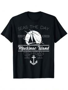 Camiseta vintage con ancla de navegación de Mackinaw Island, estilo, para exteriores, camisa casual para mujer, para el hogar, Unisex - Negro - Ver 1