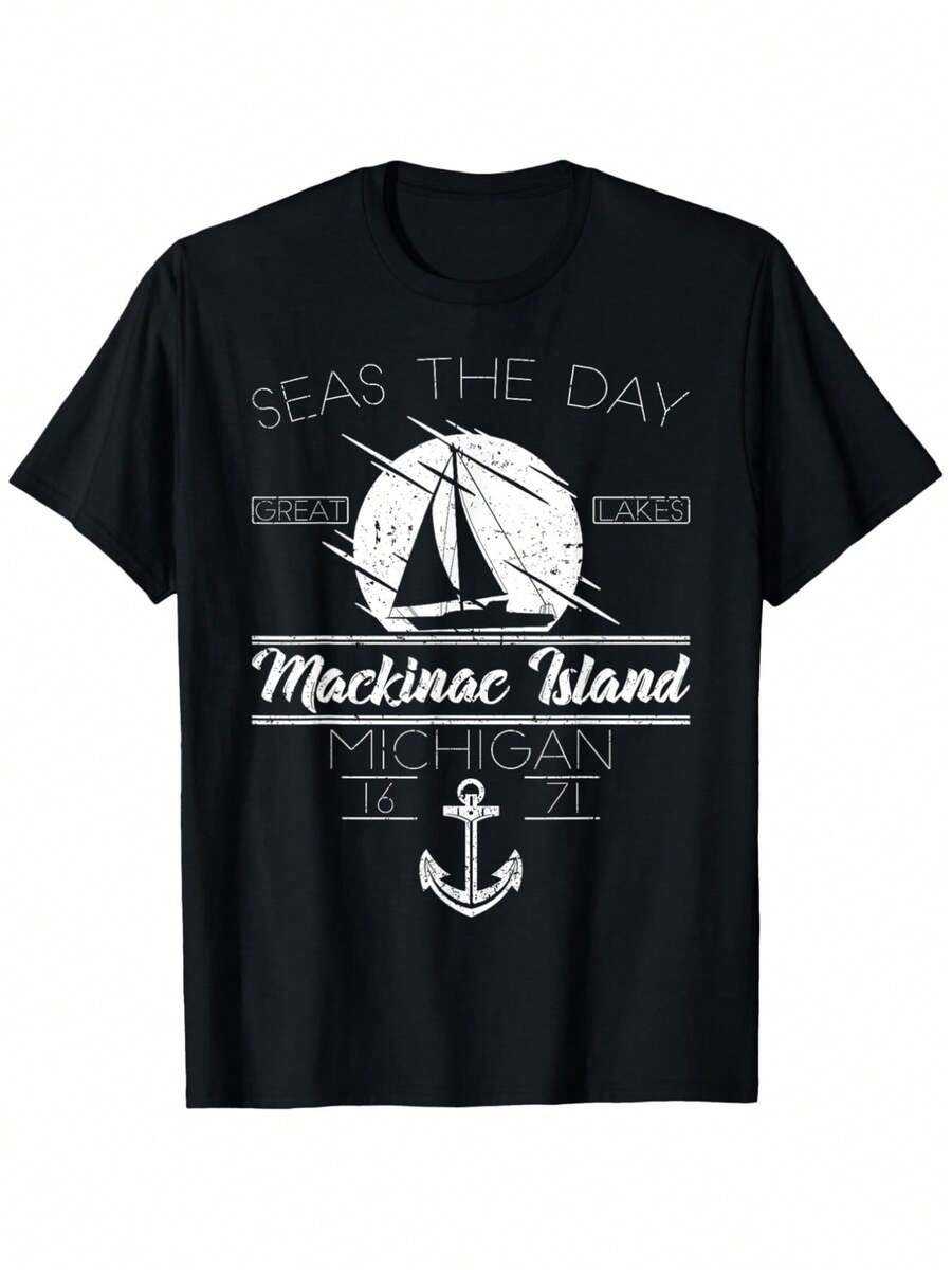 Camiseta vintage con ancla de navegación de Mackinaw Island, estilo, para exteriores, camisa casual para mujer, para el hogar, Unisex - Negro - Ver 1