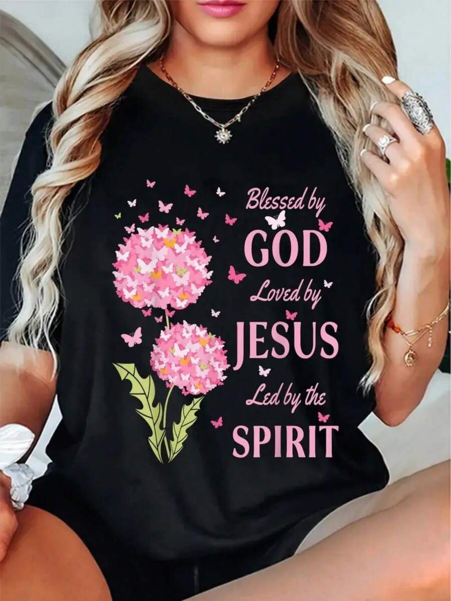 Round Neck Short Sleeve Casual T Shirt For American Women With Religious - Themed By GoD Loved By JeSuS Led By The SPiRiT Design Creative Pattern Plus Sizes Breathable Fashionable - Black - View 1
