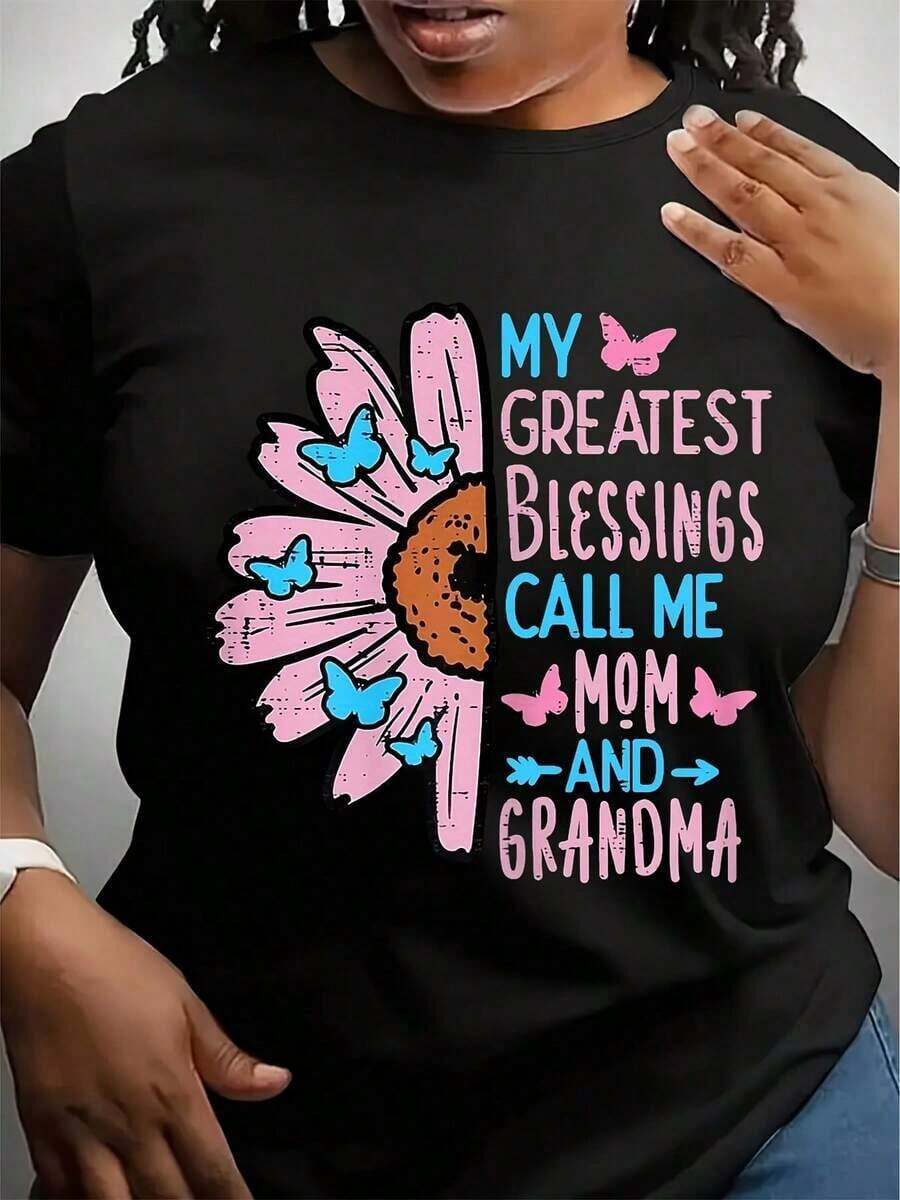1 camiseta casual con estampado para mujer - Diseño de Girasol y Mariposa "Mis Grandes Bendiciones Me Llaman Mamá Abuela", camiseta suave de manga corta con cuello redondo, regalo para el Día de la Madre, negra, camisetas para damas, ropa SentiWomental, diseño floral, ajuste cómodo, camiseta estampada, SentiWomental Shoppers - Negro - Ver 1