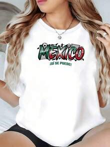 México con letras verdes blancas y rojas rodeadas de balones simboliza la fuerza la pasión y el orgullo nacional invitando a creer en el poder de la unidad y la esperanza camiseta de mujer casual cómoda para uso diario - Negro - Ver 6