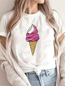 Women's T-Shirt [New Summer Recommendation] Ice Cream Print T-Shirt, Casual For Women, Vacation, Short Sleeve, Round Neck, Spring And Summer, Machine Washable, New Women's Clothing, Versatile, Casual Going Tops For Women - 白色 - 查看 1