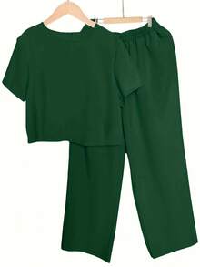 SDHT Women's Solid Color Minimalist Round Neck Short Sleeve Top And High Waist  Pants 2-Piece Set, Spring/Summer, Charm Green Set ,Sping Summer OutFit Set For Women Vacation Holiday Women Loose Fit Summer OutFit For Daily Wear, Active Top, Active Pants, Office Dress, Comfoty Charm Summer Set/2pc. Charm Women Spring Summer Outfit, Active Outfit/2pc, Curve Gift For Women. - màu xanh lá - Xem 7