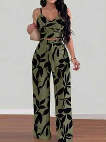 2 piezas Conjunto de top de camiseta elástica de tirantes finos y pantalones de pierna ancha con lazo delantero para mujer - Verde militar - Ver 3