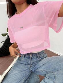 Top de malla negra de manga corta para mujer - Rosa - Ver 8