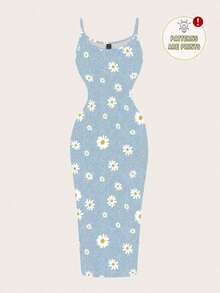 Vestido ajustado con estampado completo de margaritas blancas sobre textura mecánica azul con estilo minimalista casual, adecuado para vacaciones de verano - Multicolor - Ver 8