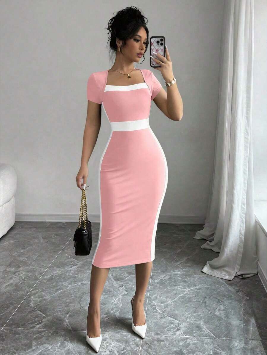 Vestido ajustado de cuello cuadrado con bloques de color para mujer - Rosa Pálido - Ver 1