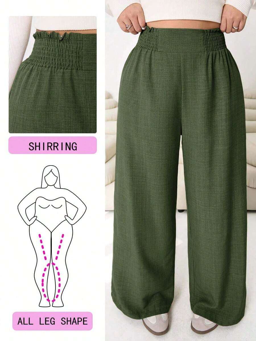2026 Primavera/Verano Nuevos pantalones casuales para uso diario, fiestas, ir al trabajo, volver al colegio, citas, en casa, fiestas de cumpleaños, para múltiples ocasiones, con cintura elástica holgada, pernera ancha, color beige, talla grande - verde militar 2 - Ver 1