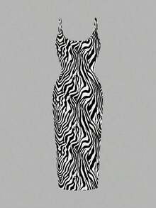 Vestido maxi ajustado de longitud completa sin mangas de estilo minimalista casual, con estampado de cebra, adecuado para el verano - Multicolor 4 - Ver 5