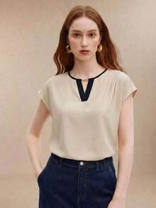 Blusa de mujer de cuello redondo y mangas cortas tipo murciélago, estilo básico urbano y de viaje, moda sencilla y elegante para uso casual en la oficina, adecuada para maestras y oficinistas, otoño - Albaricoque 2 - Ver 6