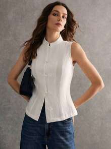 de mujer de estilo chino casual de verano con cuello de cheongsam, botones y textura de unicolor - Blanco 2 - Ver 6