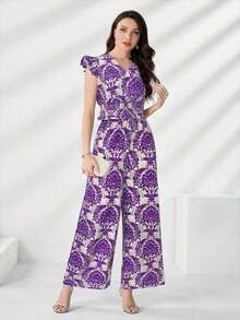 Conjunto de 2 piezas con parte superior con volantes y estampado de plantas en toda la superficie, y pantalones de pierna ancha - Morado - Ver 6