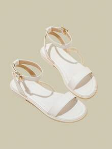 ManLuZi Women's White Flat Open Toe Strap Sandals, Minimalist Thin Strap Soft Bottom Beach One-Buckle Strap Sandals For Summer - White - View 5