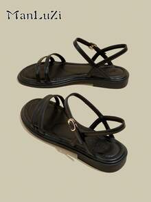 ManLuZi Women's Black Flat Open Toe Strap Sandals, Minimalist Thin Strap Soft Bottom Beach One-Buckle Strap Sandals For Summer - Black - View 1
