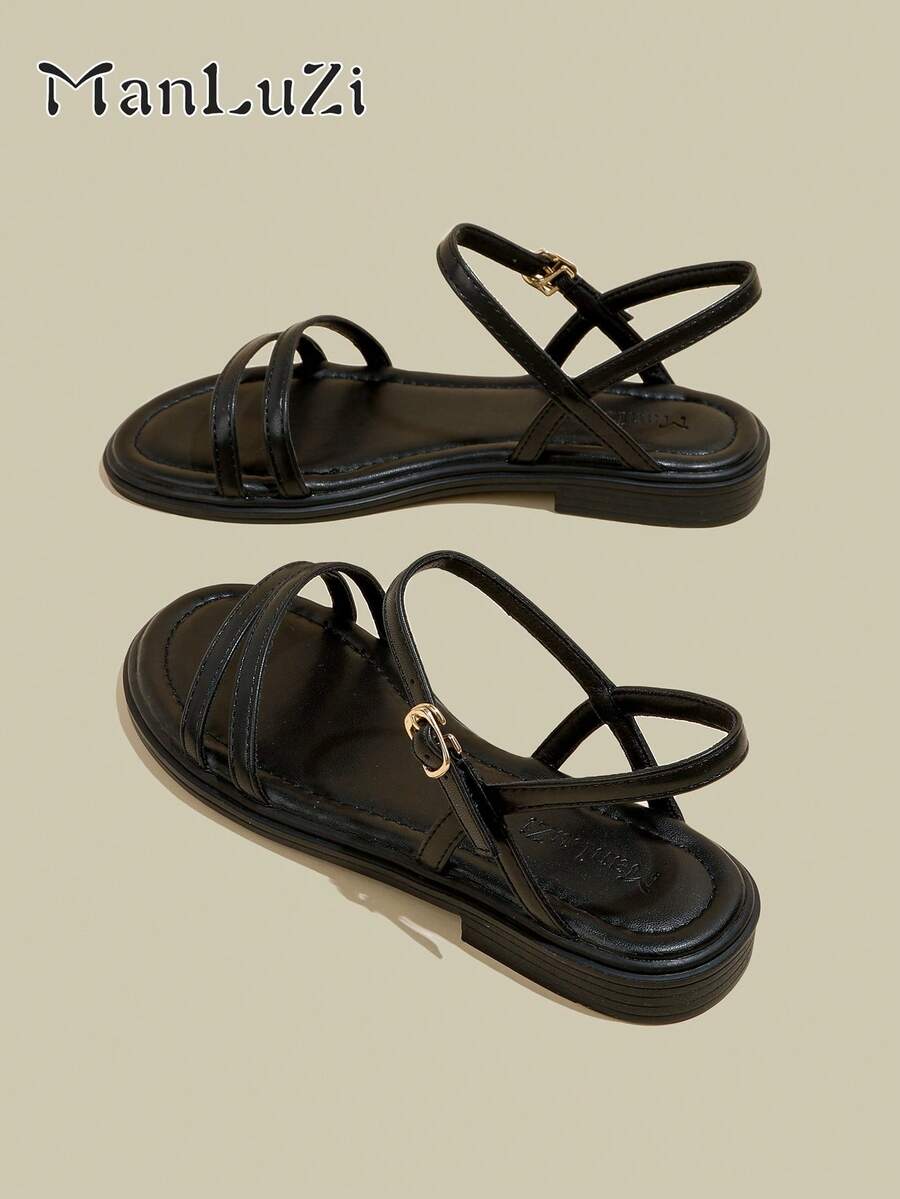 ManLuZi Women's Black Flat Open Toe Strap Sandals, Minimalist Thin Strap Soft Bottom Beach One-Buckle Strap Sandals For Summer - Black - View 1